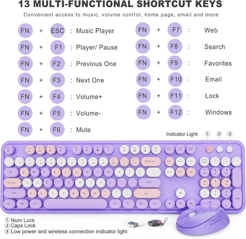 SkyGive Wireless Keyboard and Mouse Combo, Ergonomic Full Size Typewriter Retro Round Keycaps Keyboard, Compatible with Windows, PC, Perfer for Home and Office Keyboards (Purple - Image 4